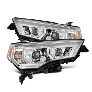 Close-up view of AlphaRex MK II LUXX-Series Chrome LED projector headlights for 2018-2019 Toyota Tacoma.